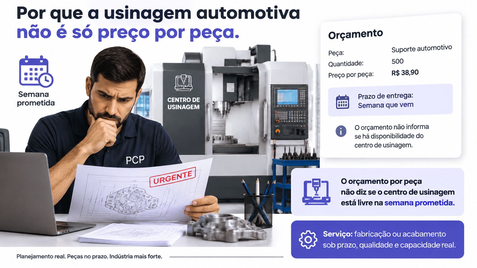Um profissional de planejamento analisando um projeto urgente em um escritório com máquinas de usinagem ao fundo.