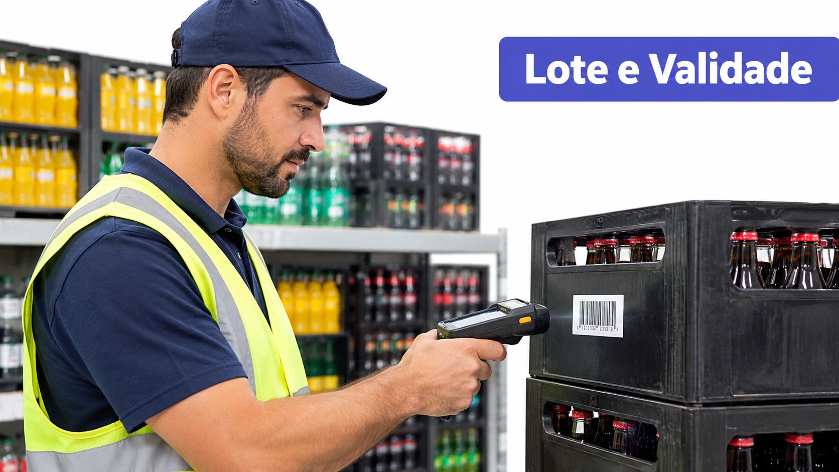 Um funcionário uniformizado utiliza um leitor de código de barras para verificar engradados de bebidas em um estoque.