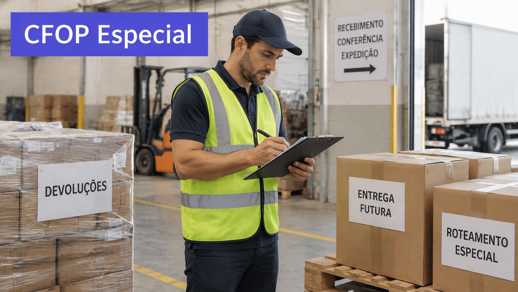 Profissional de logística conferindo caixas em armazém com etiquetas de devolução, entrega futura e roteamento especial.