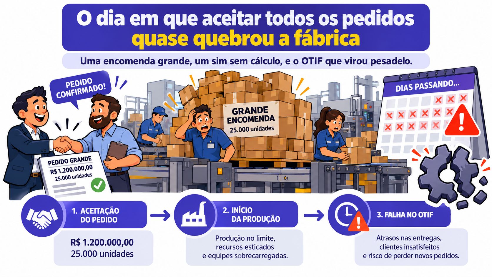 Uma ilustração sobre os riscos de aceitar grandes encomendas sem planejamento na gestão de uma fábrica.