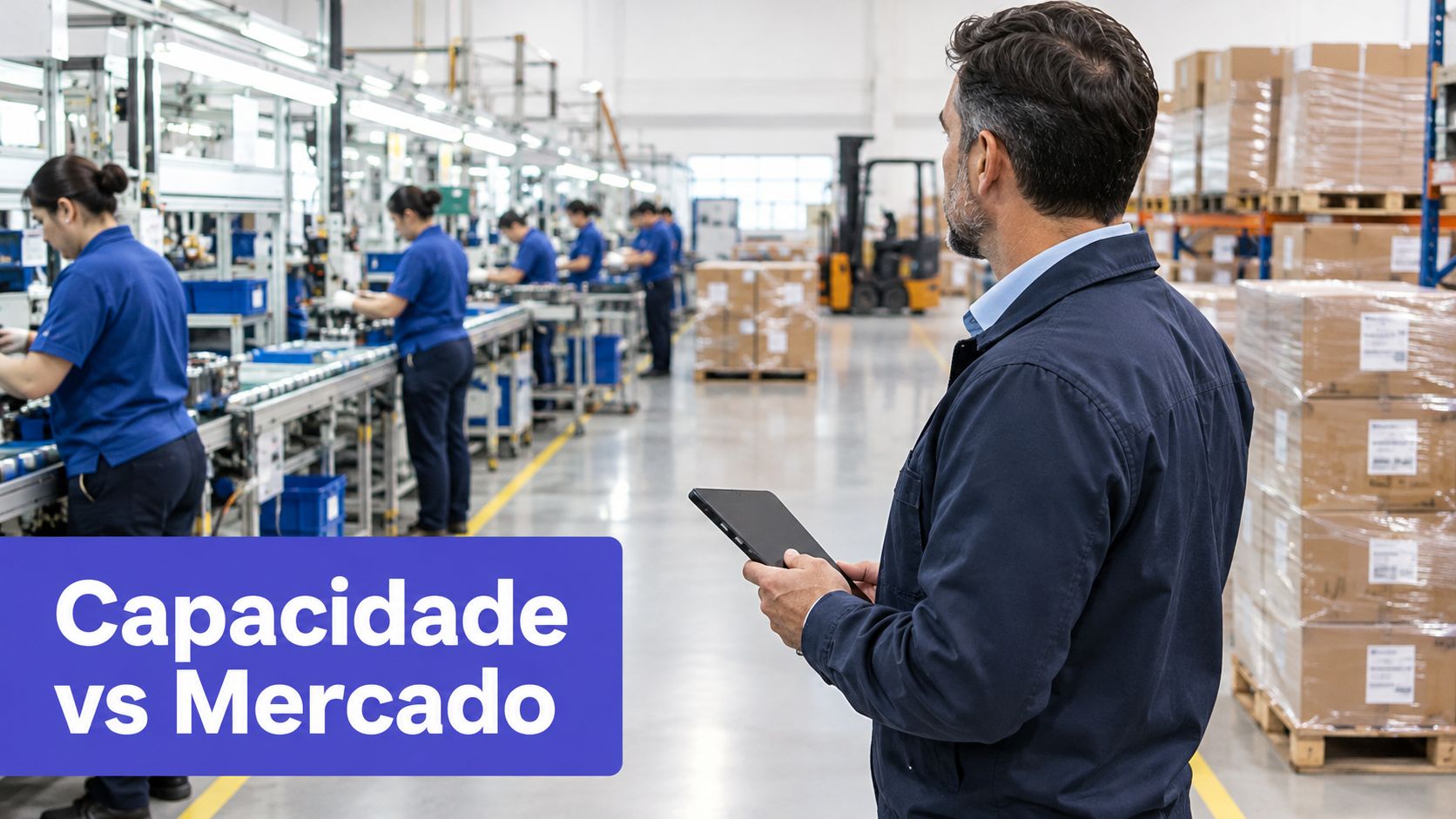 Gestor de fábrica avaliando dados de produção com tablet em um ambiente industrial moderno.