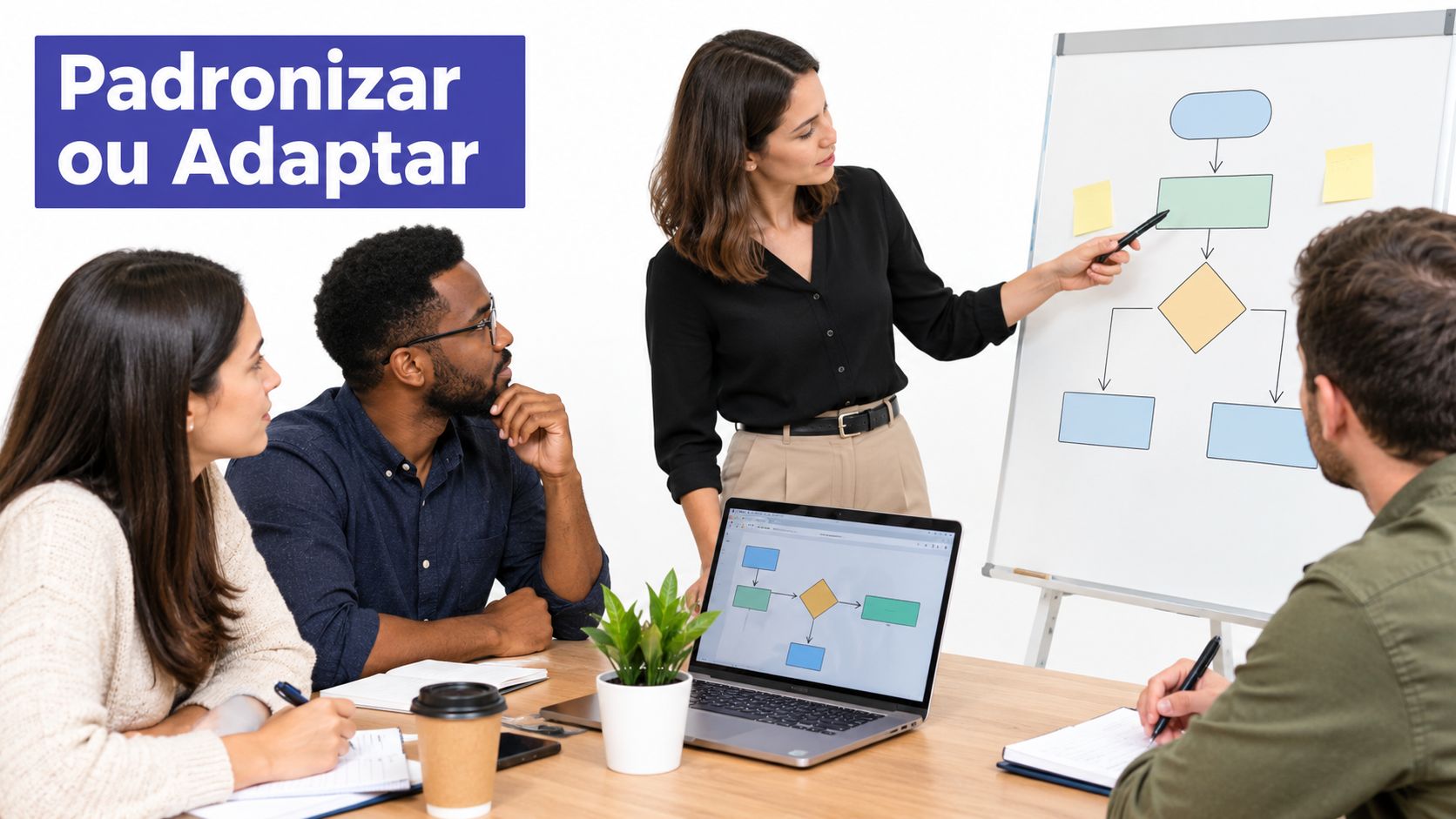 Uma mulher apresentando um fluxograma de processos para uma equipe em uma reunião corporativa colaborativa.