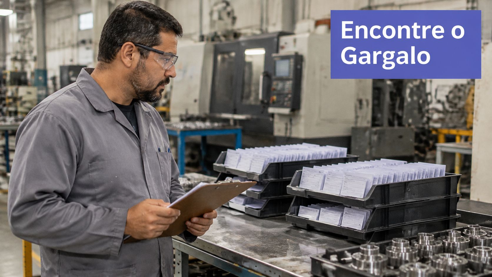 Um funcionário de fábrica analisa documentos enquanto inspeciona peças metálicas em uma estação de trabalho industrial.