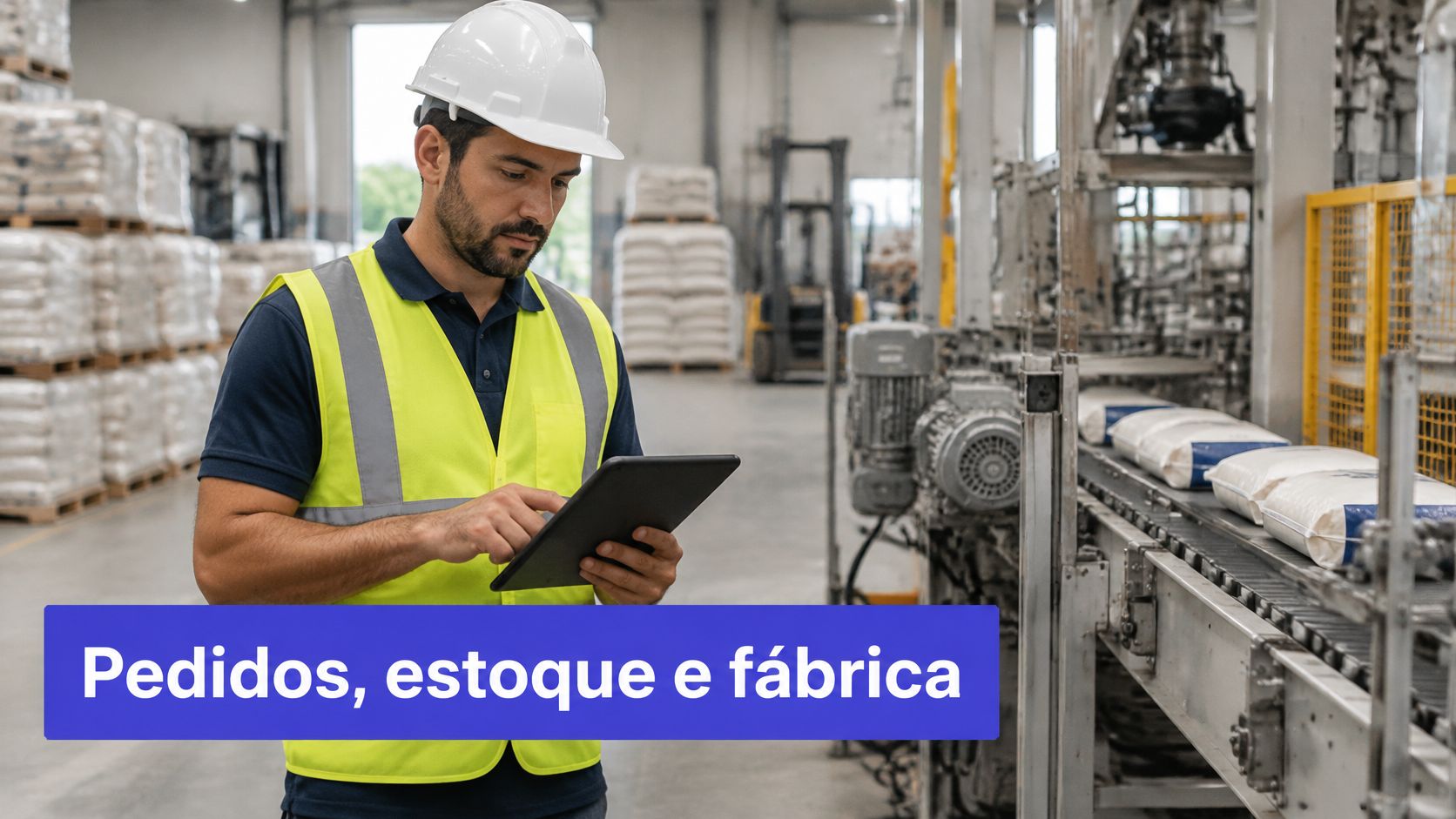 Um funcionário de fábrica usa um tablet enquanto monitora a linha de produção e o estoque do armazém.