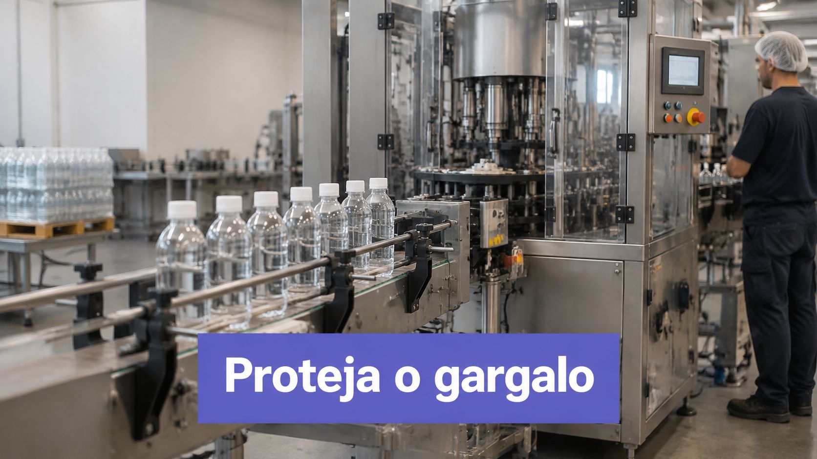 Um funcionário observando uma linha de produção automatizada de garrafas de água em uma fábrica moderna.