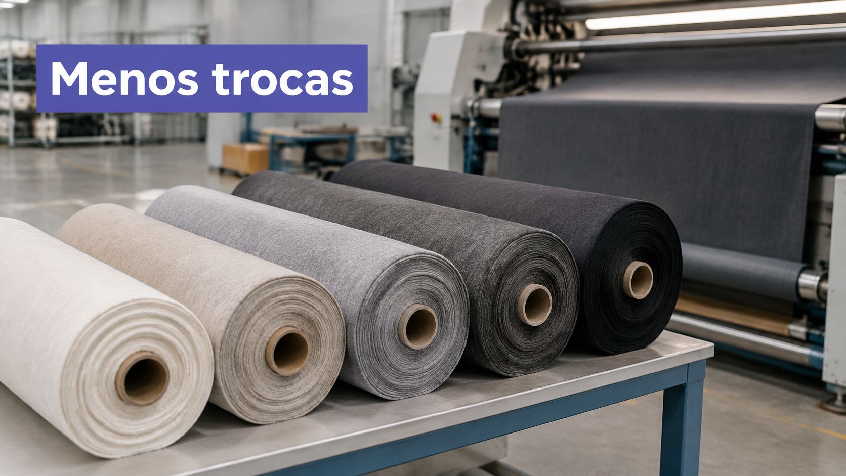 Rolos de tecido de diversas cores alinhados em uma mesa industrial com máquina têxtil ao fundo.
