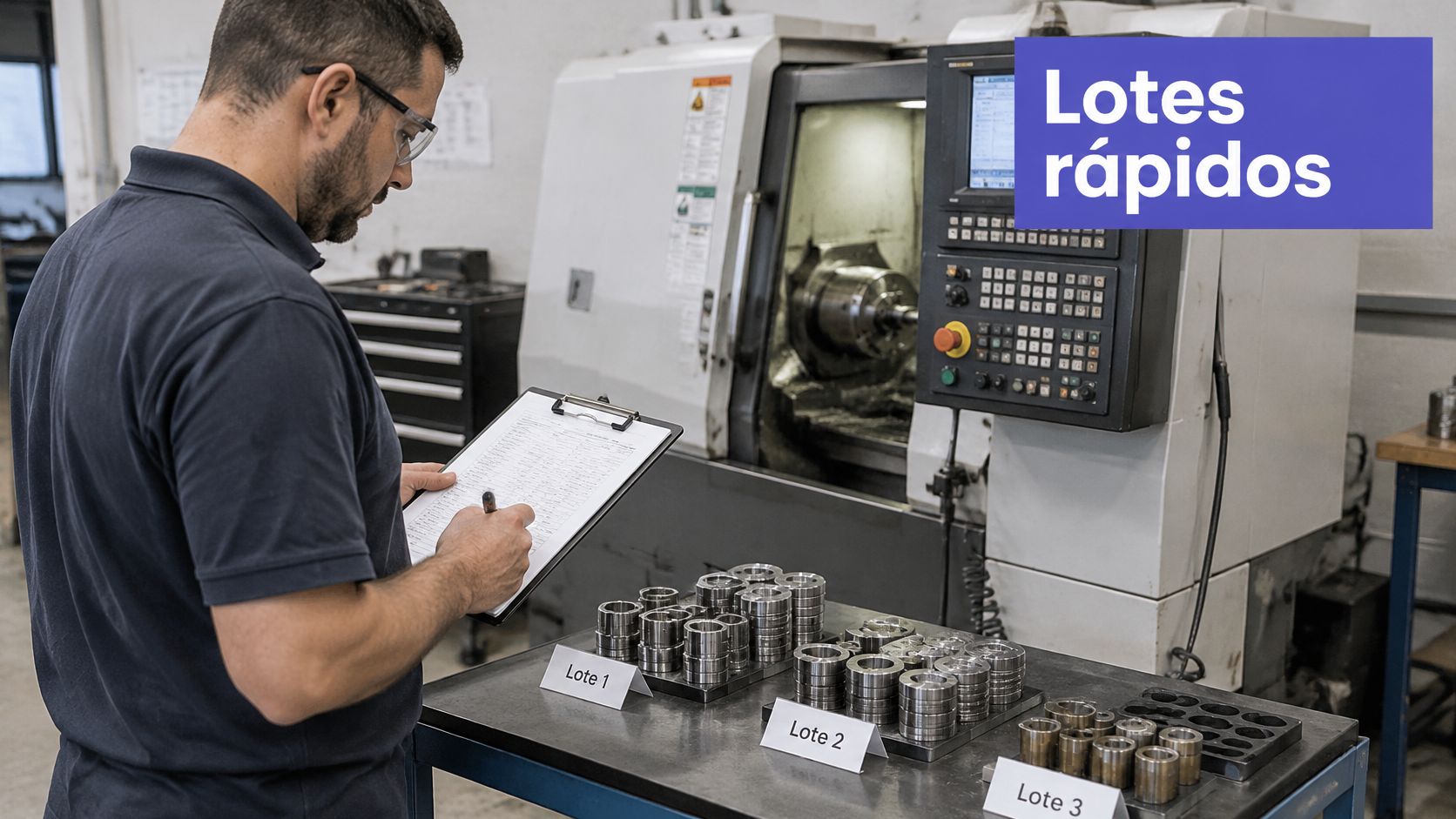 Um operador de fábrica inspeciona peças metálicas em lotes enquanto anota dados em uma prancheta.