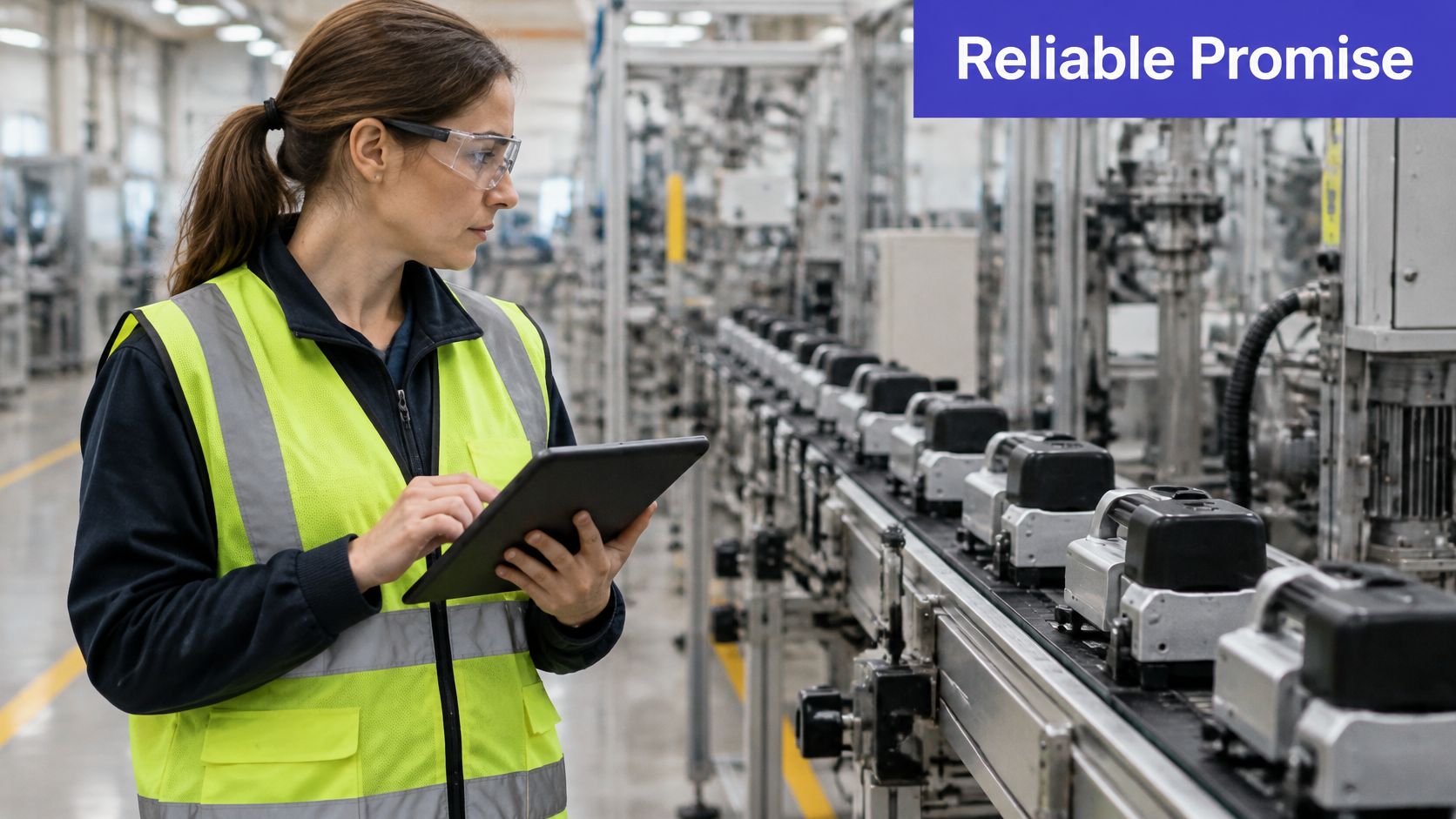Uma engenheira de produção de colete refletor inspeciona peças em uma linha de montagem industrial usando tablet.