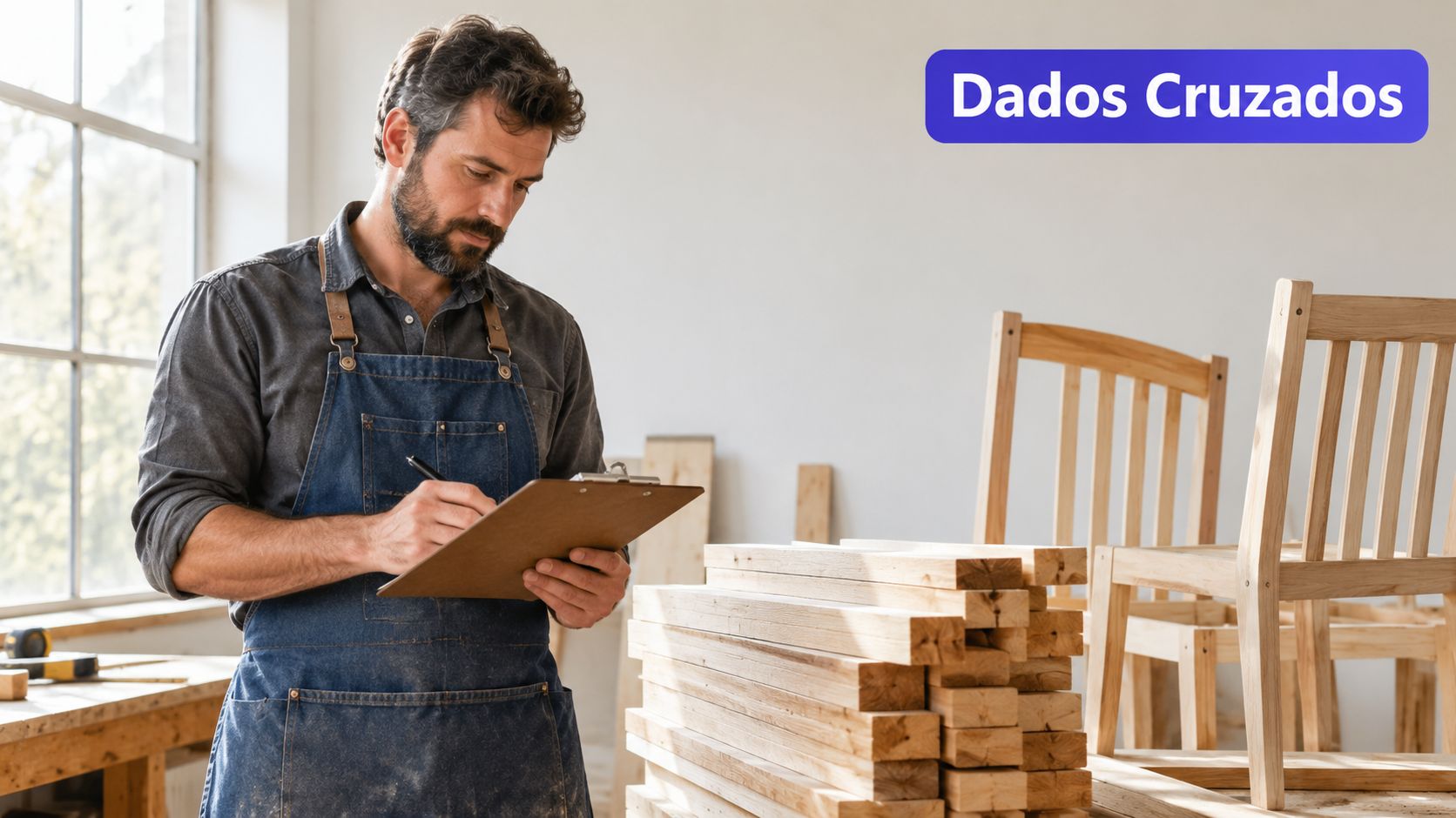 Marceneiro de barba usando avental jeans escreve em uma prancheta em sua oficina de móveis de madeira.