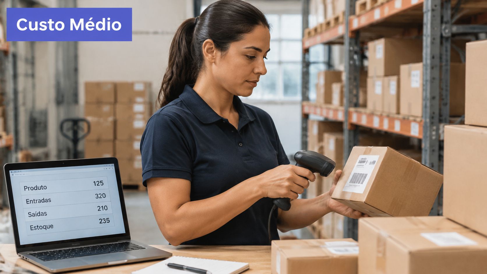 Uma funcionária de armazém utilizando um leitor de código de barras para registrar mercadorias em um sistema digital.